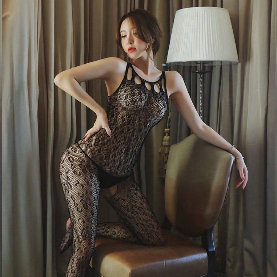 1 Sexy Leopard Print Jumpsuit, Mesh Vest & Chest Hollow Design, Sleeveless Tight Fit, Women's Halloween Costumes, Halloween Lingerie For Her