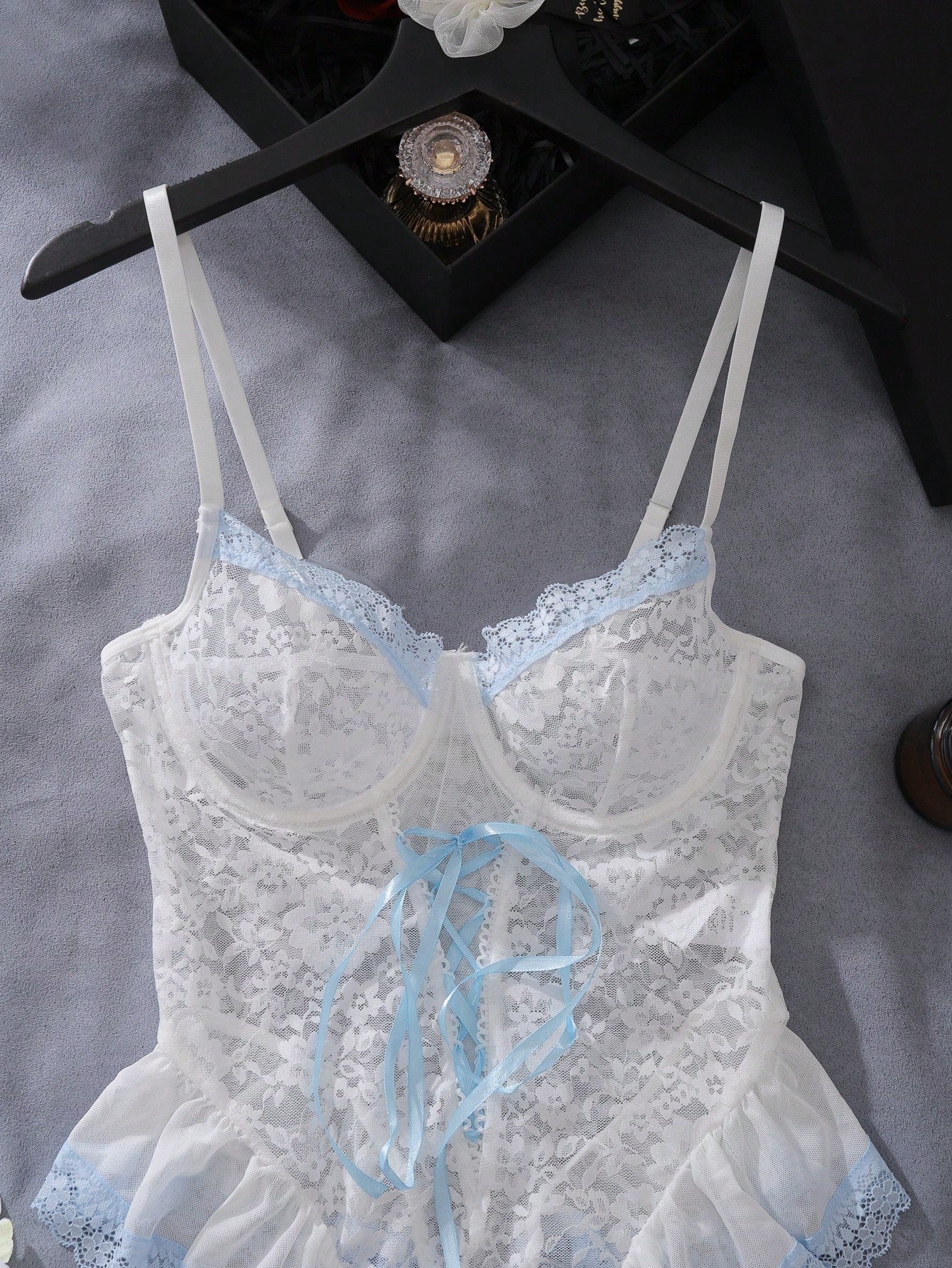 Ladies Romantic Lace Ruffle Trimmed Bodysuit Lingerie Set, 3pcs For Going Out
