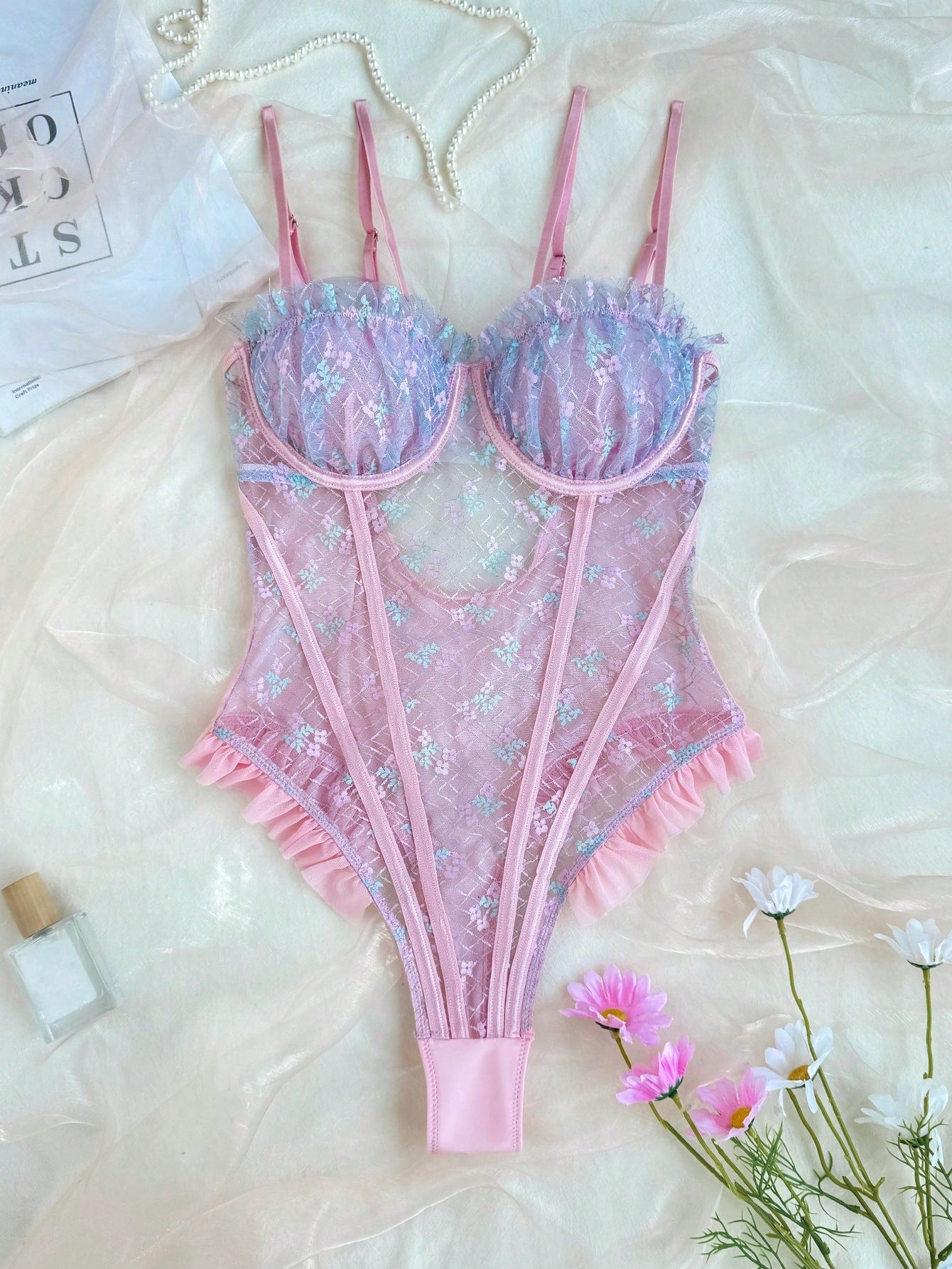 Women Ruffle Detail Bodysuit With Contrast Color Accents And Suspender Back Design, Sheer Fabric Construction, One-Piece Structure With Clean Finish, Flexible Fit, Suitable For General Wear And Outfit Styling