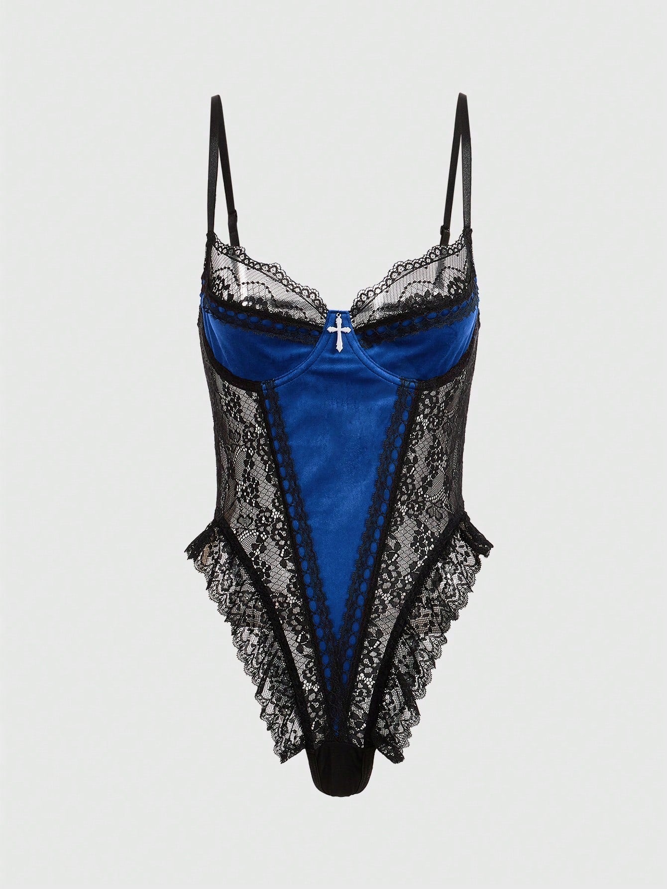 Women Contrast Lace Bodysuit With Structured One-Piece Design, Layered Lace Panel Detail, Smooth Fabric Combination, Simple Silhouette, Suitable For General Wear And Outfit Styling