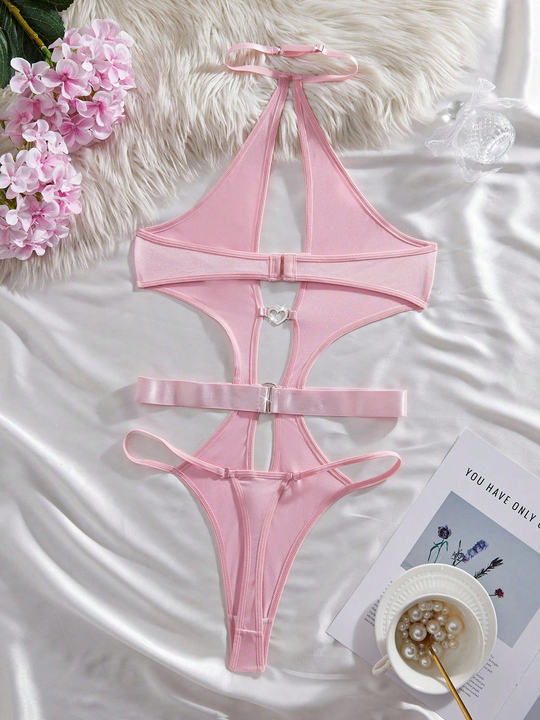 Women’s Pink Halter Bodysuit With Rhinestone Accent