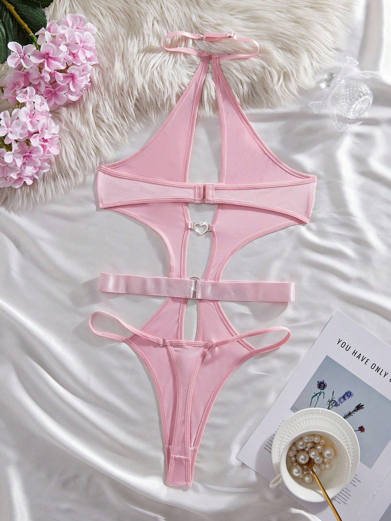 Pink Backless Halter Rhinestone Decor Wireless Sexy Bodysuit For Women