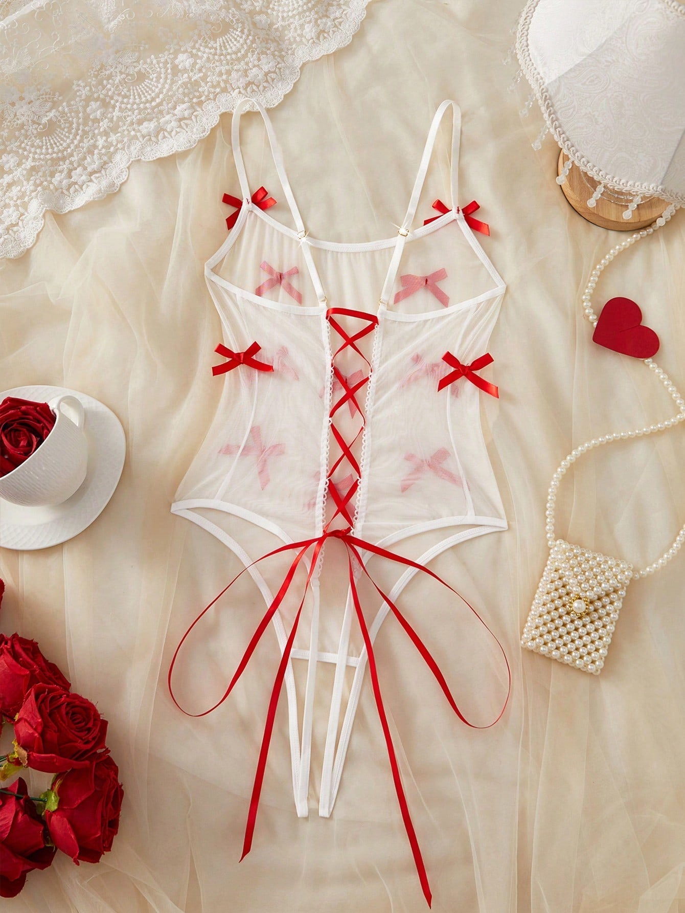 Women Solid Color Teddy Bodysuit With Lace Up Detail And Bow Accent Decoration, Sheer Fabric Construction, One-Piece Structure With Clean Lines, Suitable For General Wear And Styling