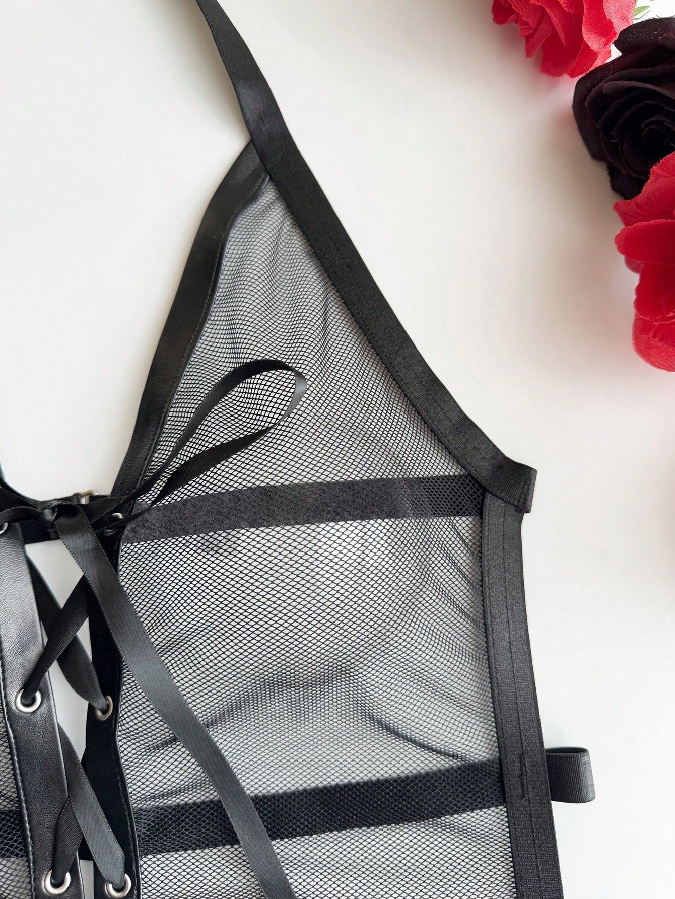 Music Festival Fishnet Leather Criss-Cross Crotchless Bodysuit