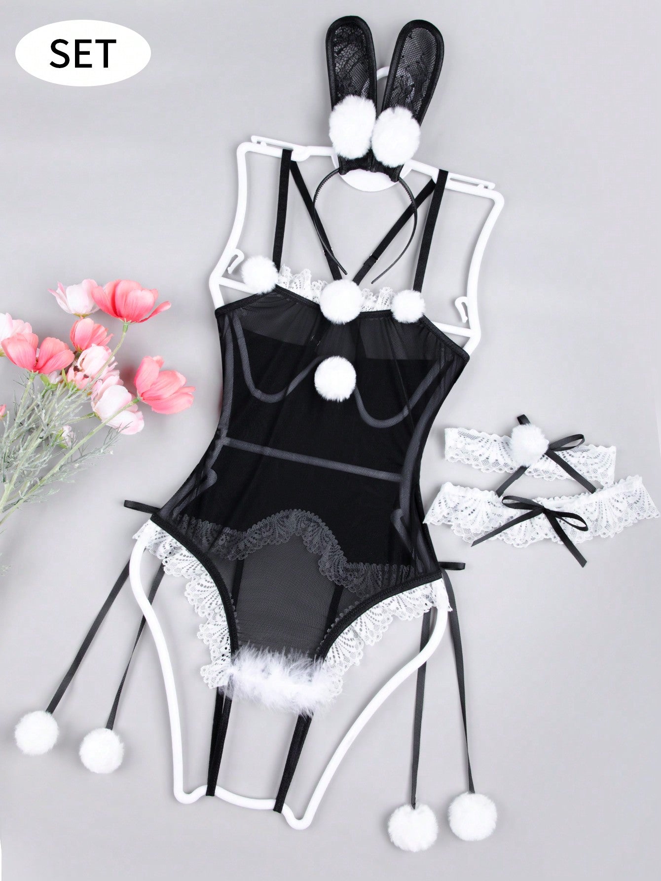 Sexy Lingerie, Roleplay, Cute Rabbit Bodystocking 4-Piece Set: Rabbit Ear Headband + Necklace + Crotchless Jumpsuit + Leg Garter, Women's Intimate Apparel, Sexy Clubwear