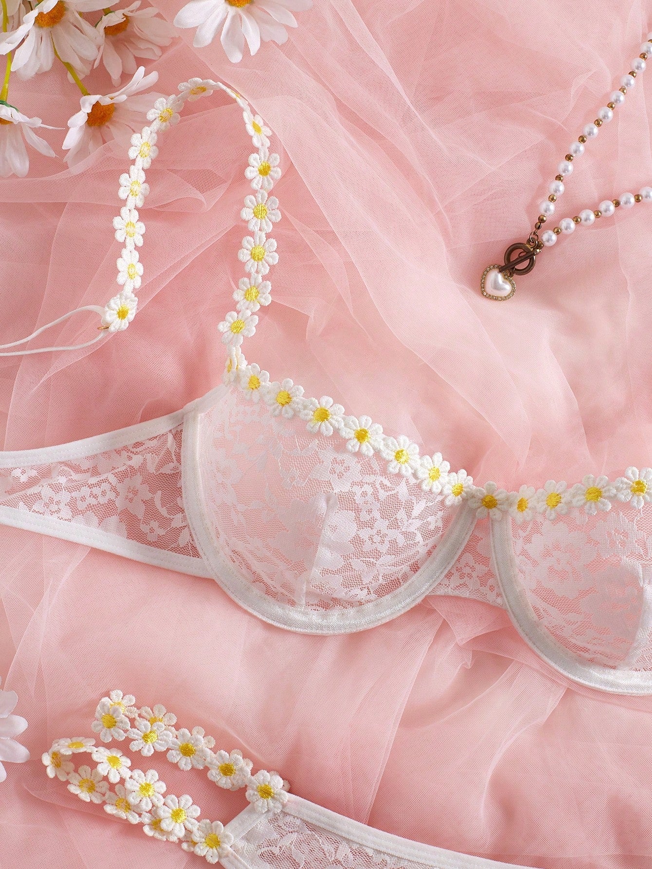 Sheer Mesh Contrast Lace Floral Embroidery Underwire Lingerie Set
