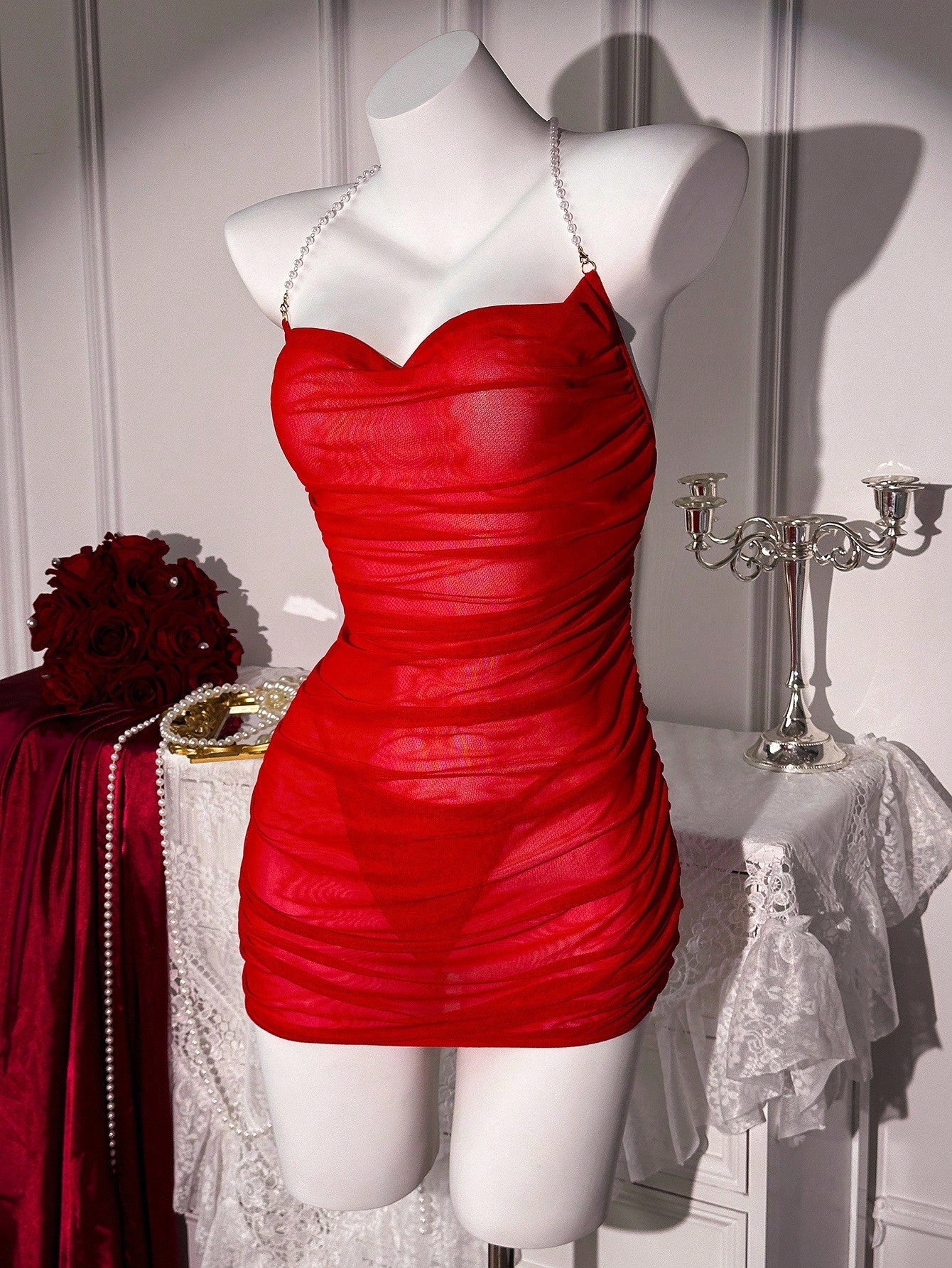 2pcs Women Mesh Bodycon Dress Set With Halter Neck And Decorative Detail, Lightweight Fabric Construction, Coordinated Two-Piece Design, Suitable For General Wear And Styling