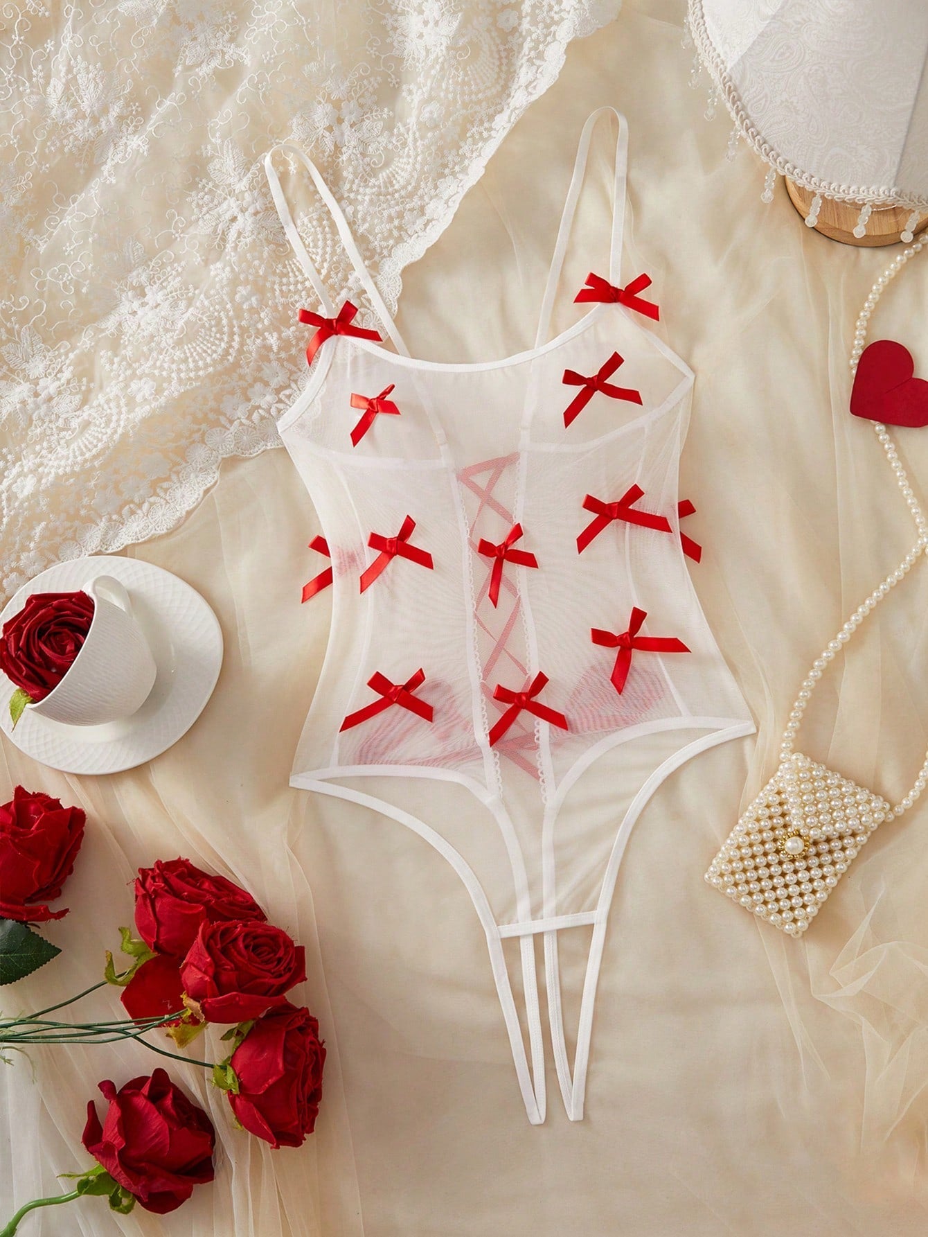 Women Solid Color Teddy Bodysuit With Lace Up Detail And Bow Accent Decoration, Sheer Fabric Construction, One-Piece Structure With Clean Lines, Suitable For General Wear And Styling