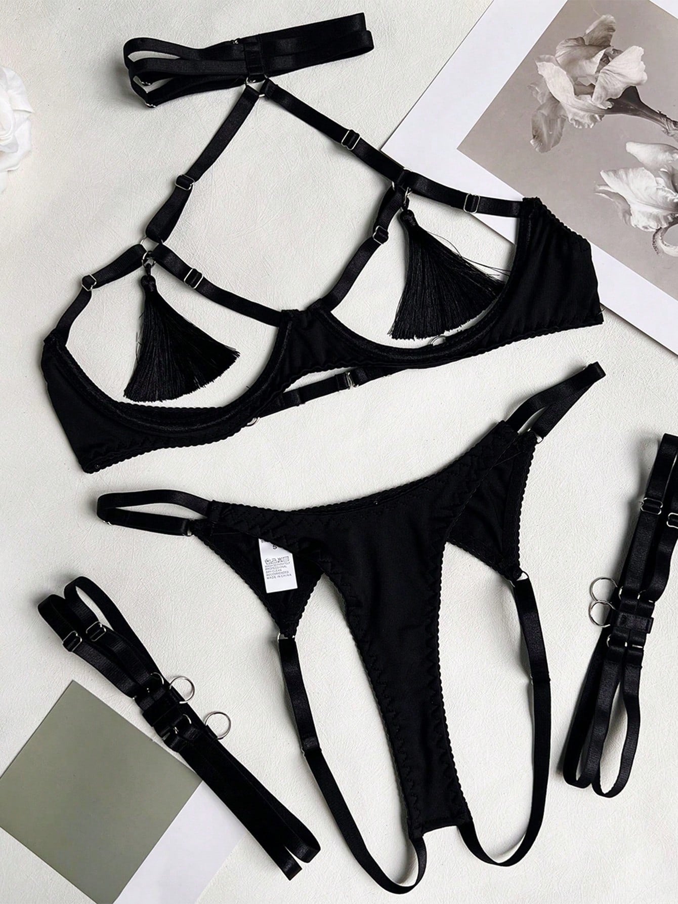 Fringe Satin Exposed Bust Sexy Open Collar Lingerie Set (Excluding Gloves), For Going Out Celebration