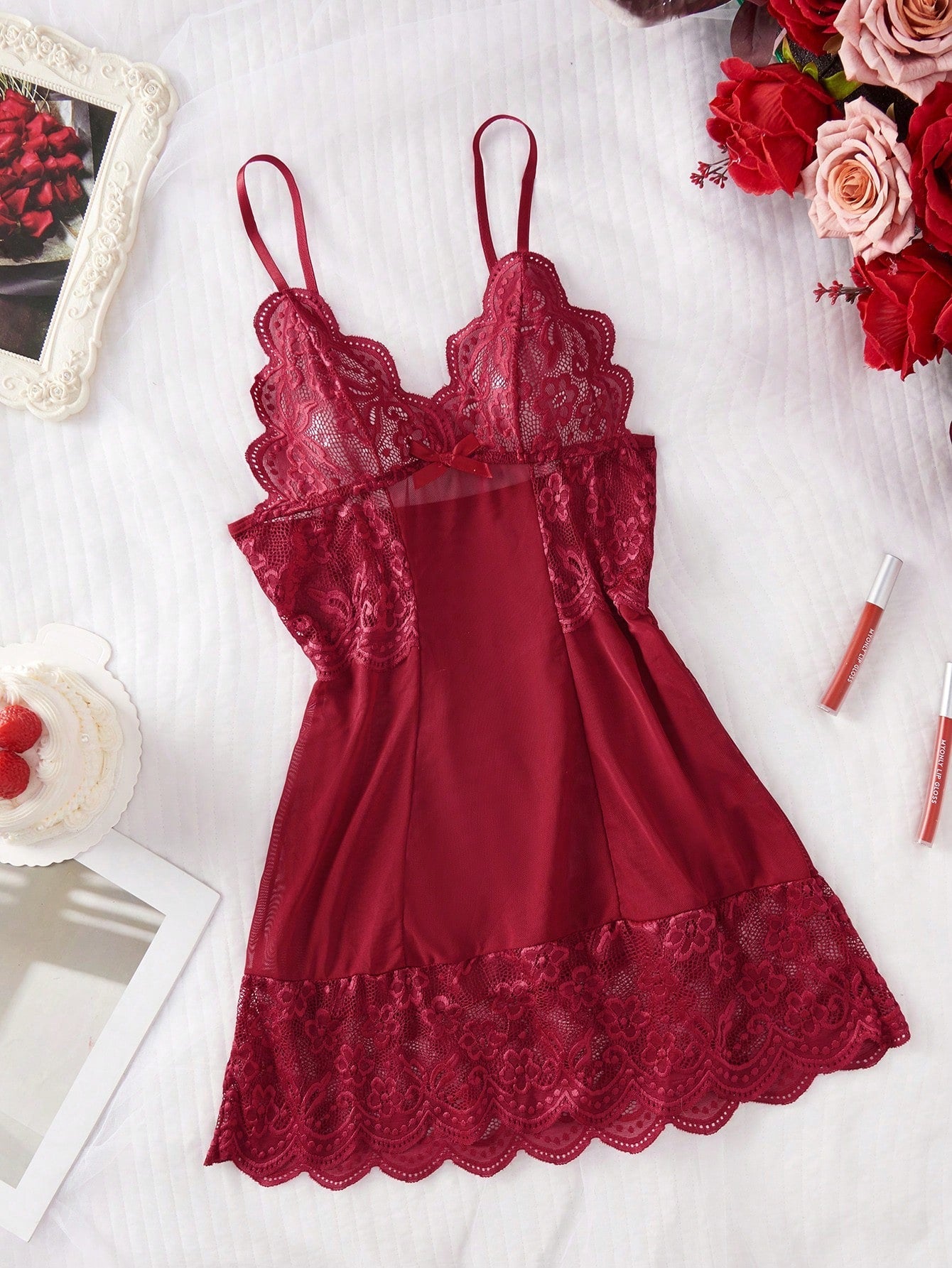 Adjustable Spaghetti Strap Lace Patchwork Deep V Nightgown Mini Dress