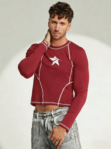 Men's Casual Fashion Street Star Print Contrast Stitch Long Sleeve Cropped T-Shirt