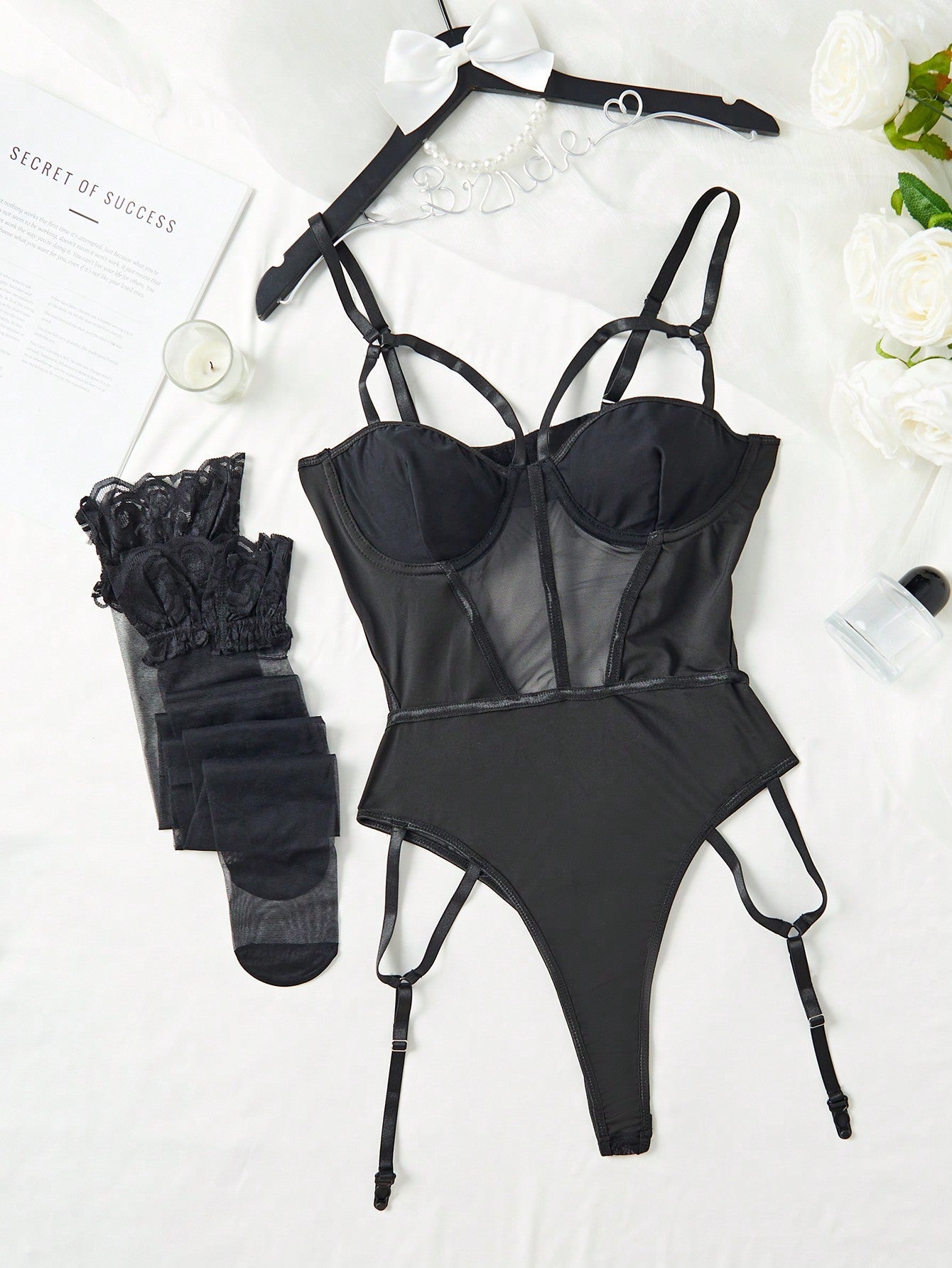 Floral Lace Mesh Insert Garter Underwire Teddy Bodysuit with Stockings