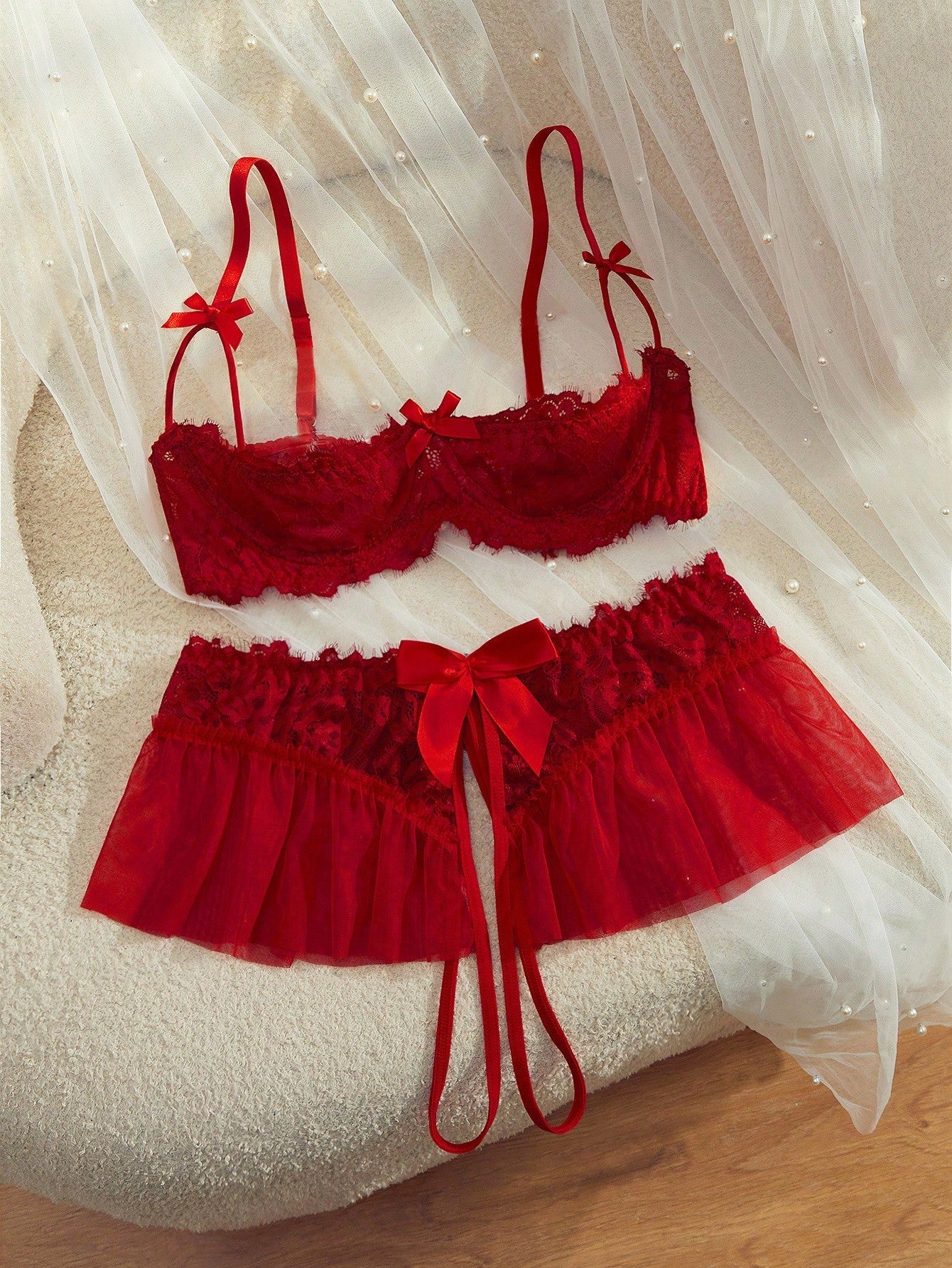 Semi-Sheer Red Lace Babydoll Lingerie Set With Flowy Skirt And Spaghetti Straps, Babydoll Lingerie, Going Out, Baddie Look