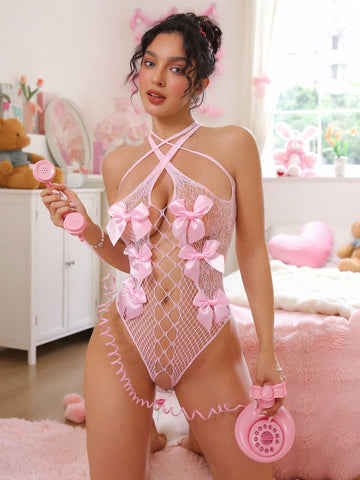 Women Fuchsia Sheer Bodysuit With Bow Accent And Criss Cross Halter Design, High Stretch Fabric Construction, Lightweight One-Piece Structure, Suitable For General Wear And Outfit Styling