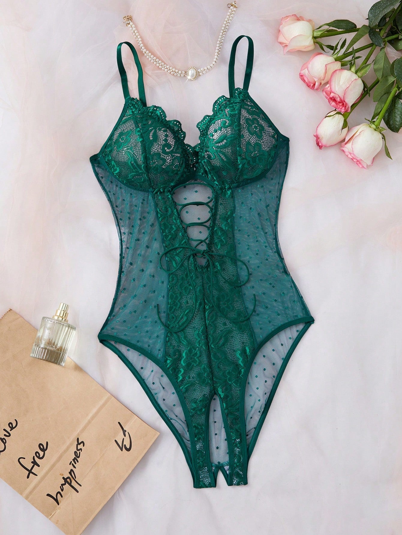 Women Contrast Lace And Mesh Bodysuit With One-Piece Construction, Layered Fabric Design, Lightweight And Flexible Fit, Clean Silhouette, Suitable For General Wear And Outfit Styling