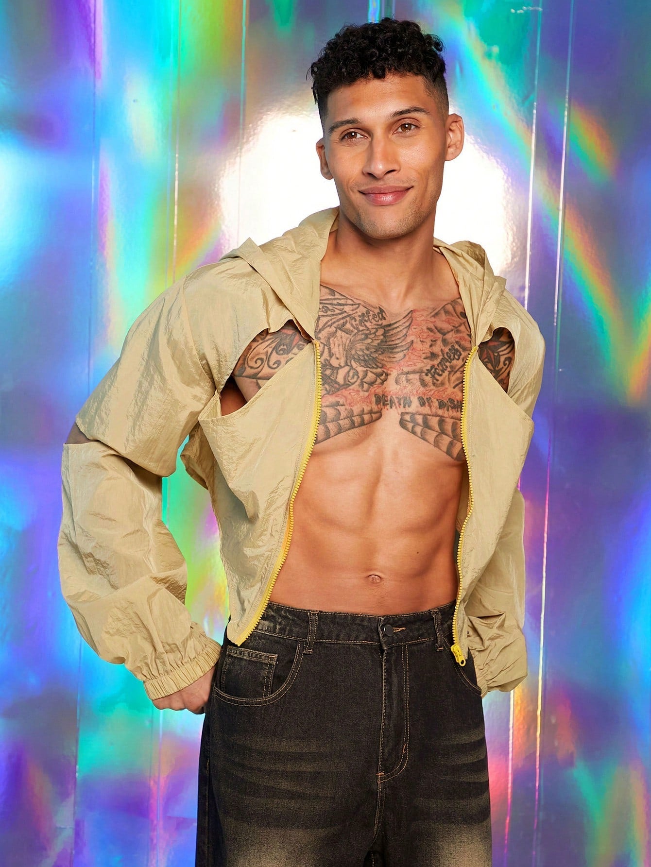 Men's Hollow-Out Long Sleeve Hooded Cropped Jacket