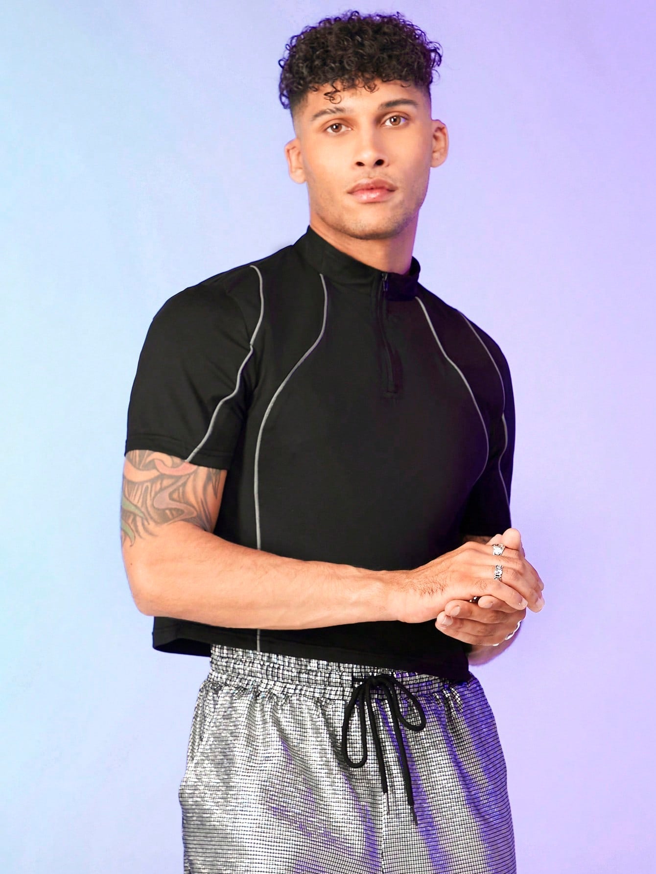 Men's Contrast Piping Zip Front Polo Shirt
