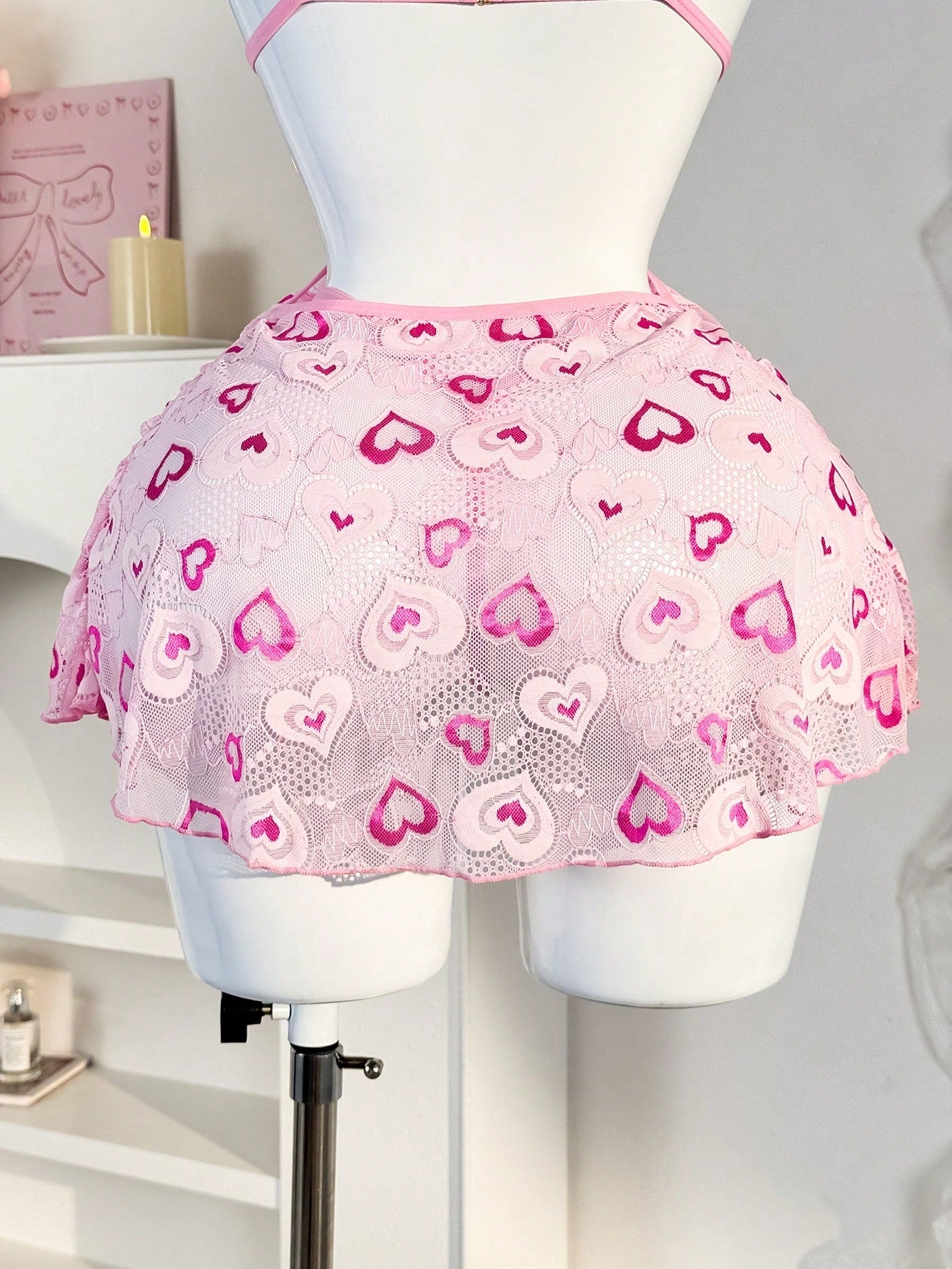 2pcs Women Pink Heart Pattern Camisole Set With Backless Design, Lightweight Fabric Construction, Coordinated Two-Piece Structure, Suitable For General Wear And Styling