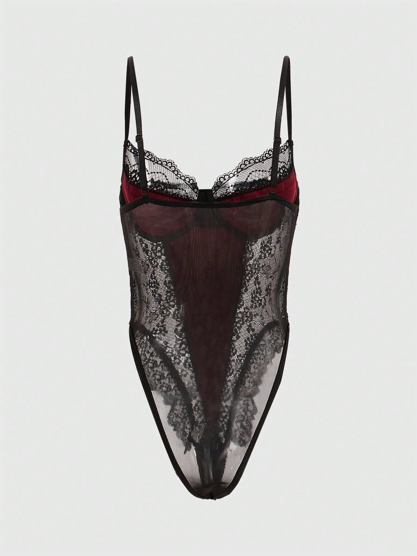 Women Contrast Lace Bodysuit With Structured One-Piece Design, Layered Lace Panel Detail, Smooth Fabric Combination, Simple Silhouette, Suitable For General Wear And Outfit Styling