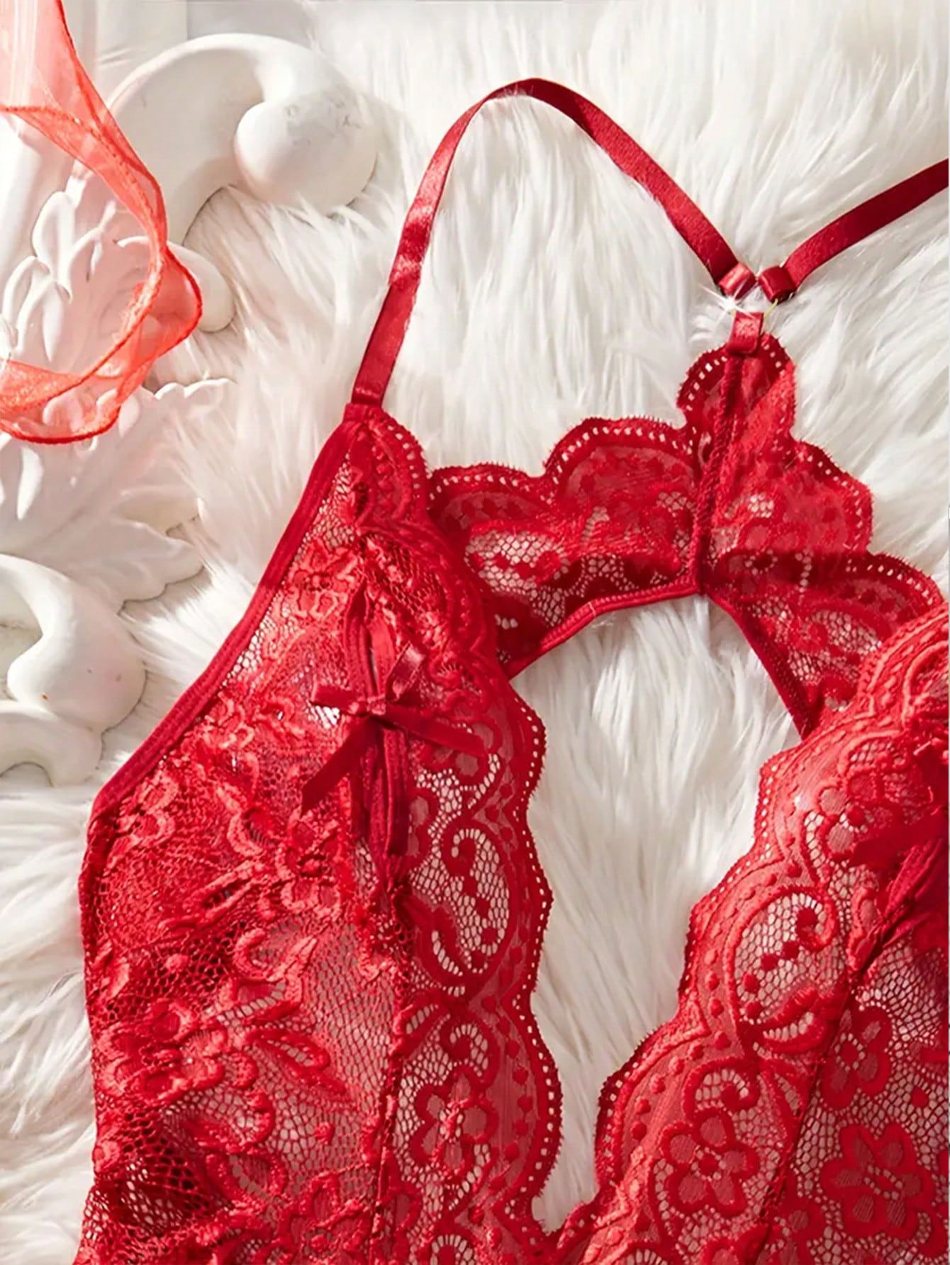 Women's Transparent Deep V-Neck, Jacquard Weave, Backless, Bow Decoration On The Chest, Floral Lace Criss Cross Crotchless, Heart Metal Buckle Decoration, Sexy Teddy Bodysuit, Scallop Trim, Adjustable Shoulder Strap, Women's Sexy Bodysuit