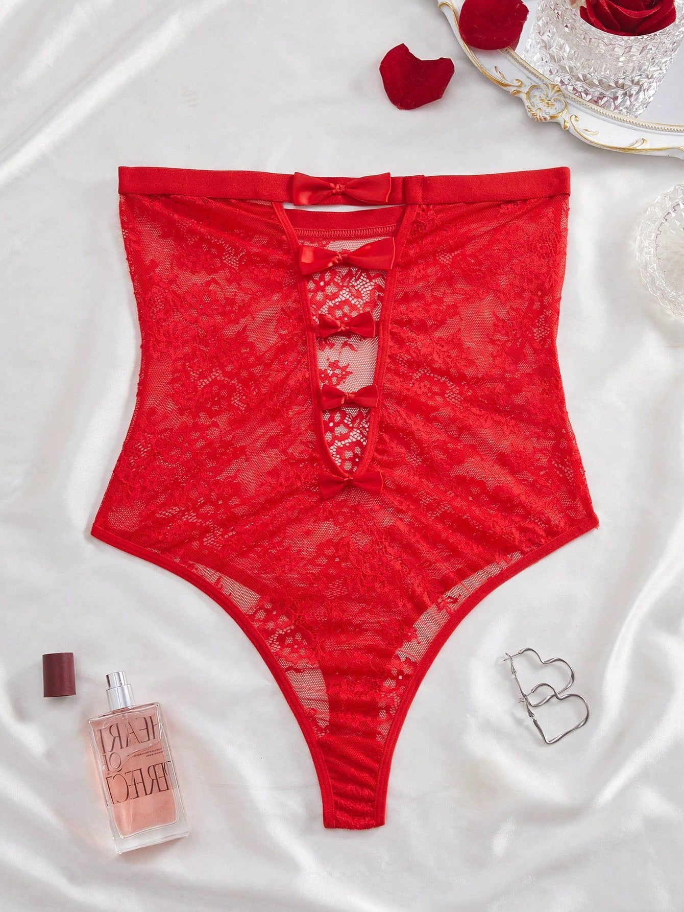 Hollow Cut-Out Bow Decor Lace Romper Sexy Bodysuit
