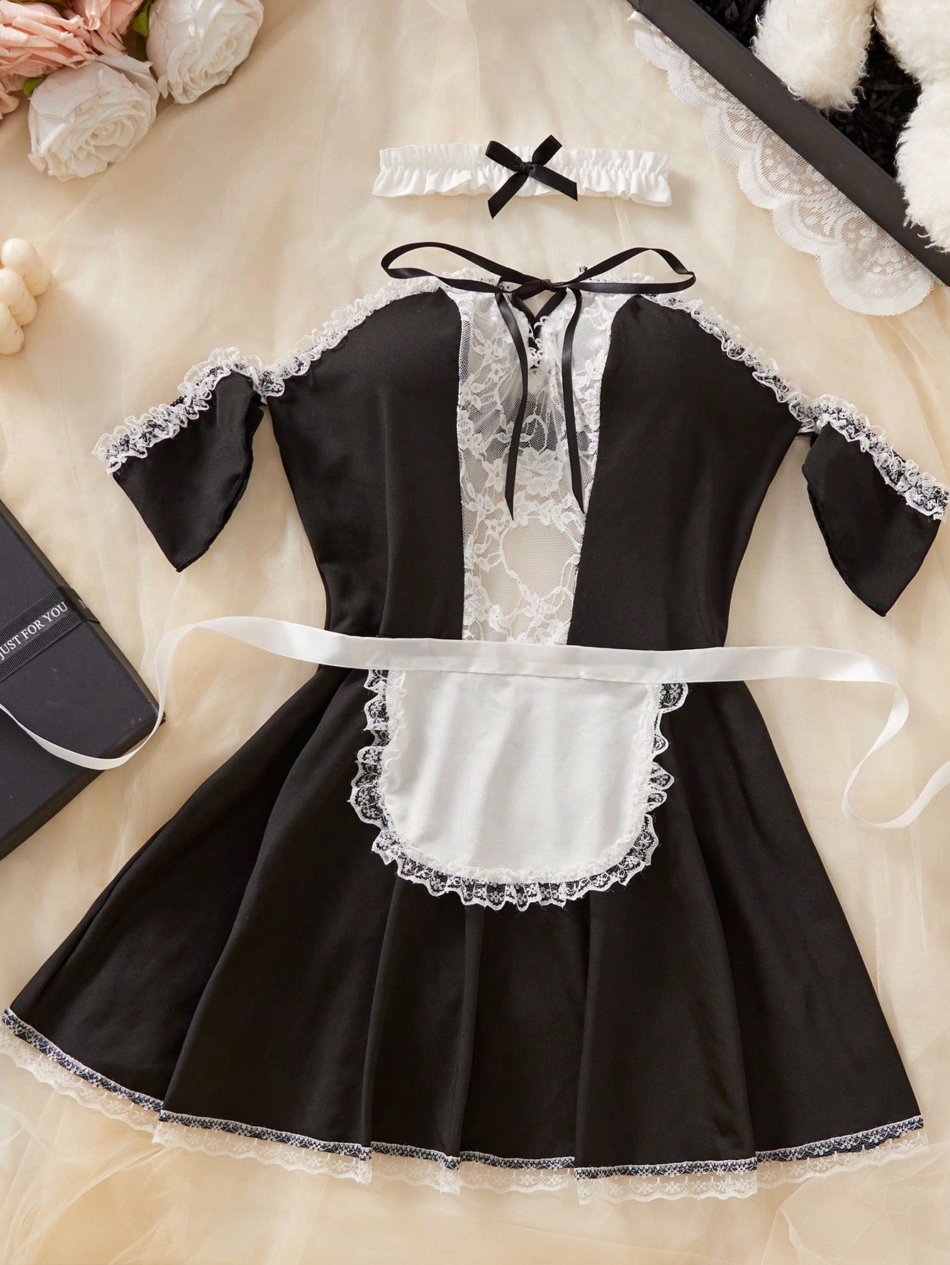 Women’s Black & White Patchwork Costume Set With Apron