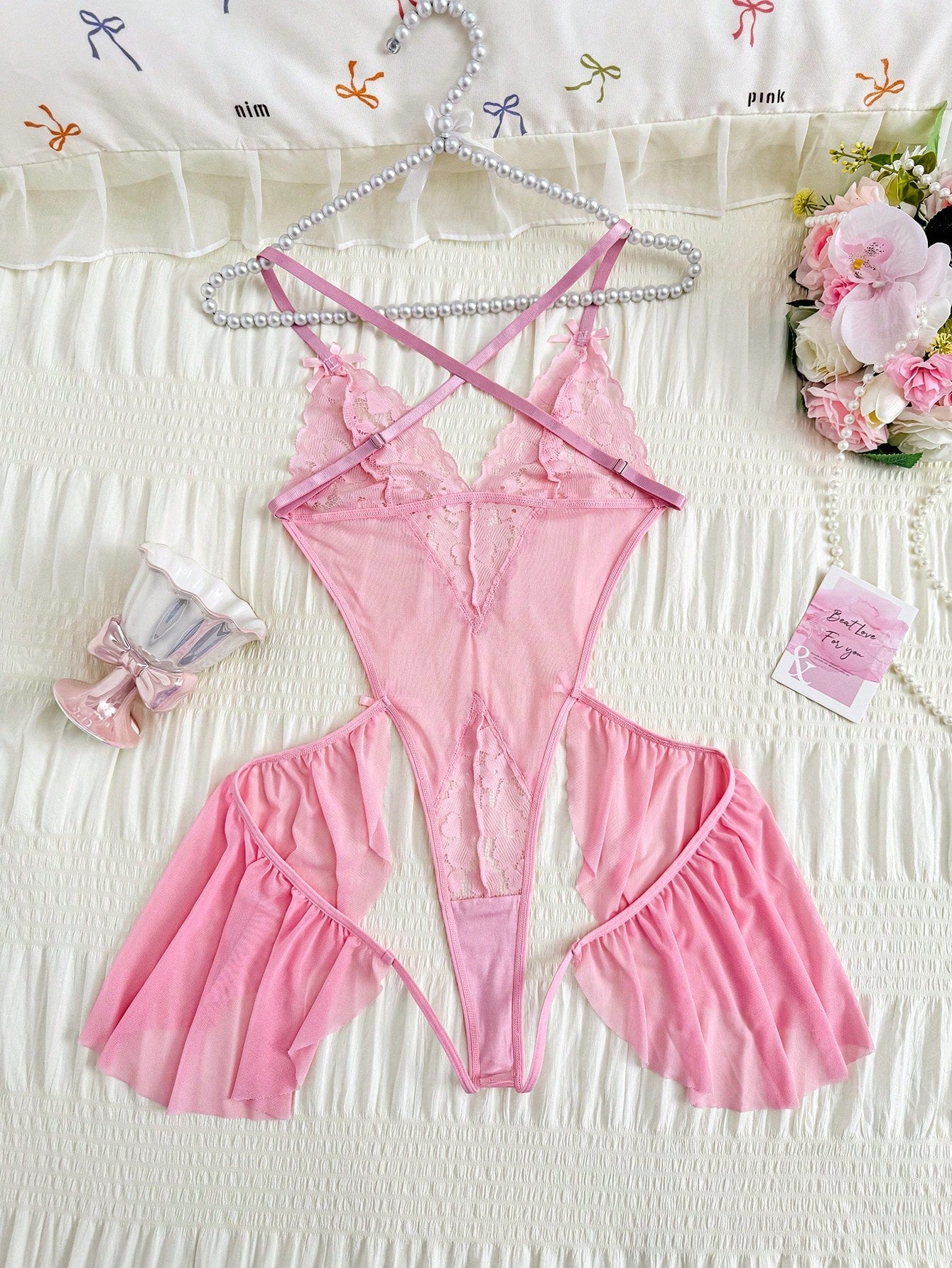 Women Lace Patchwork Romper With Mesh Panel Construction, Open Back Design And Bow Accent Detail, Lightweight Stretch Fabric, One-Piece Structure, Suitable For General Wear And Styling Use