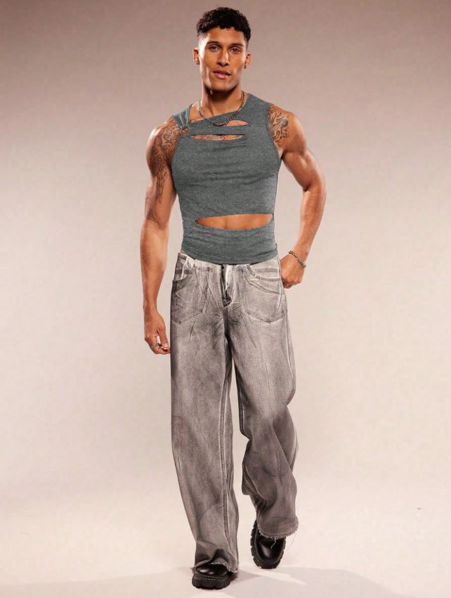 Men's Sleeveless Crew Neck Hollow-Out Knit Top