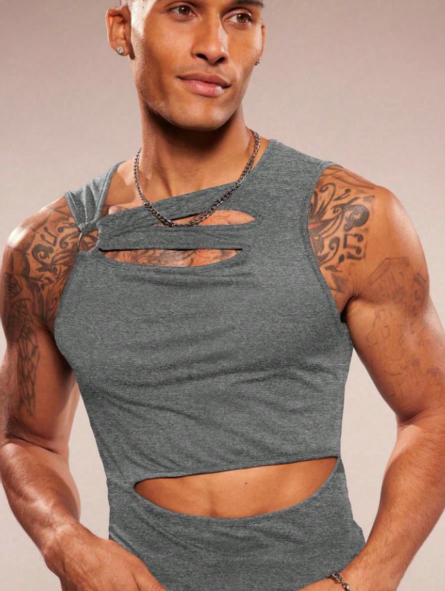 Men's Sleeveless Crew Neck Hollow-Out Knit Top