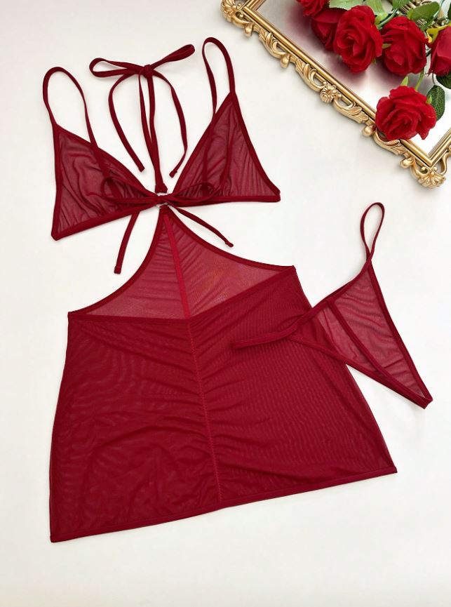 2 Pcs/Set Women's Solid Color Halter Backless Sexy Lingerie Dress For Going Out