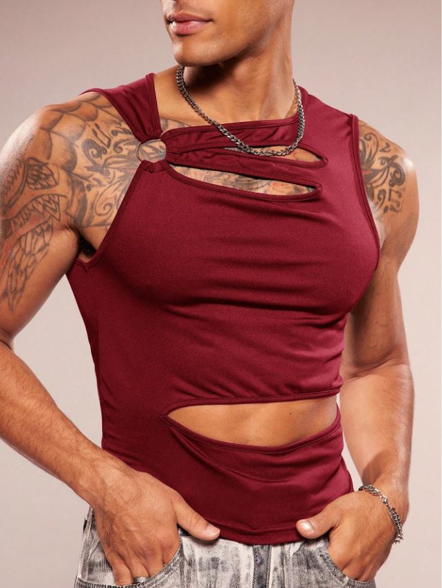 Men's Sleeveless Crew Neck Hollow-Out Knit Top
