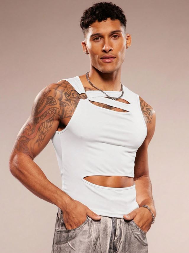 Men's Sleeveless Crew Neck Hollow-Out Knit Top